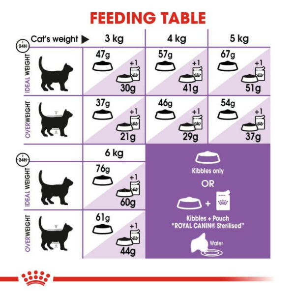مقدار مصرف غذای خشک گربه رویال کنین استرلایز مدل Regular Sterilised